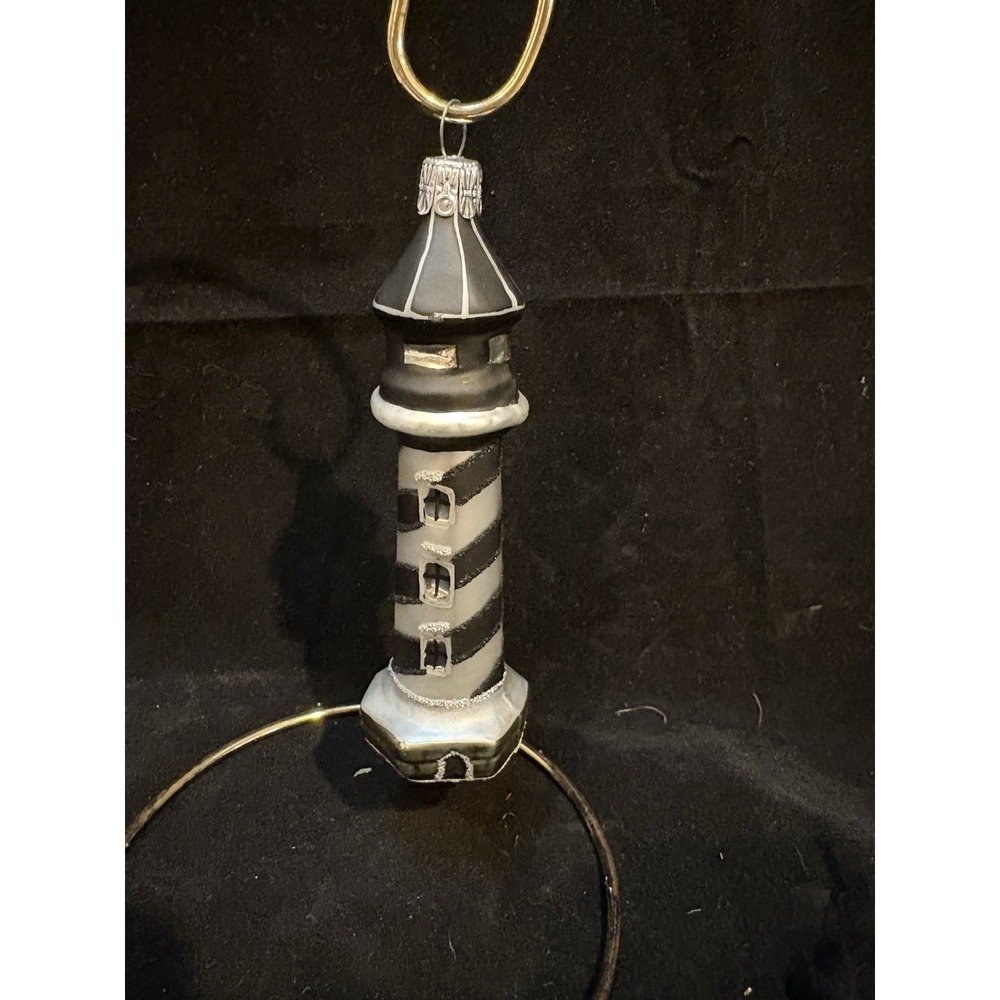 Black & White Striped Lighthouse Glass Christmas Ornament Glitter Nautical Cape